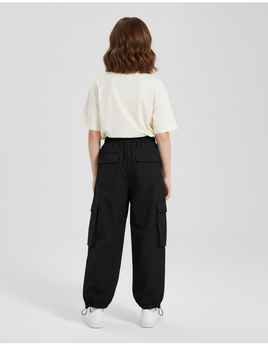 Pantalon Cargo Noir Ample Bandes Blanches Enfant - Polyester - vue 2
