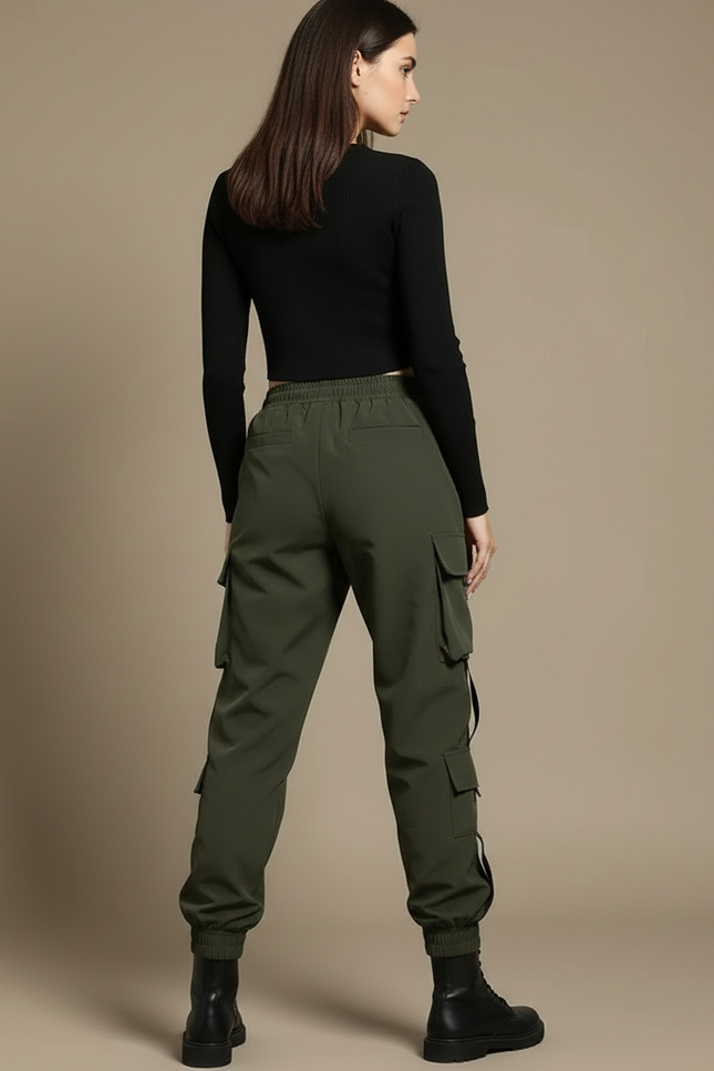 Pantalon Cargo Femme Vert Militaire Ample Multipoches Décontracté - Kaki Polyester - vue 2