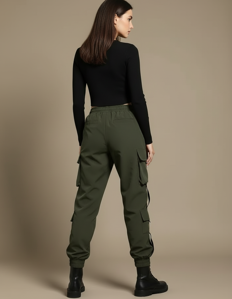 Pantalon Cargo Femme Vert Militaire Ample Multipoches Décontracté - Kaki Polyester - vue 2