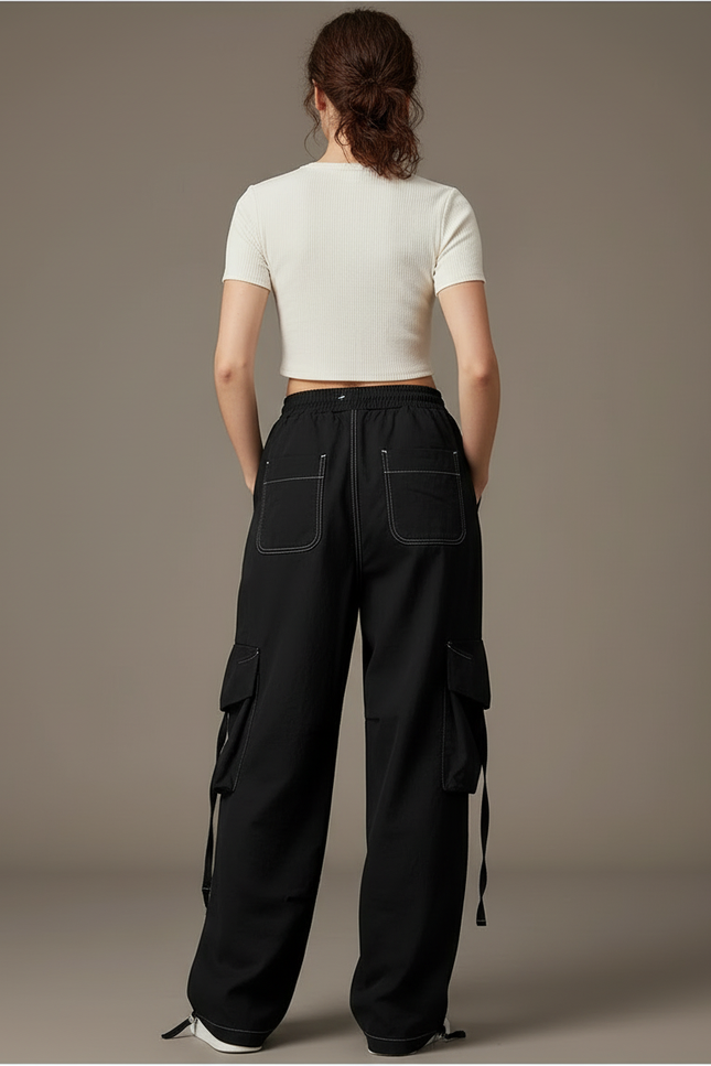 Pantalon Cargo Noir Ample Décontracté Fluide Femme - Toile - vue 2