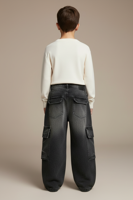 Pantalon Cargo Gris Ample Multipoches Denim Enfant - Jean - vue 2