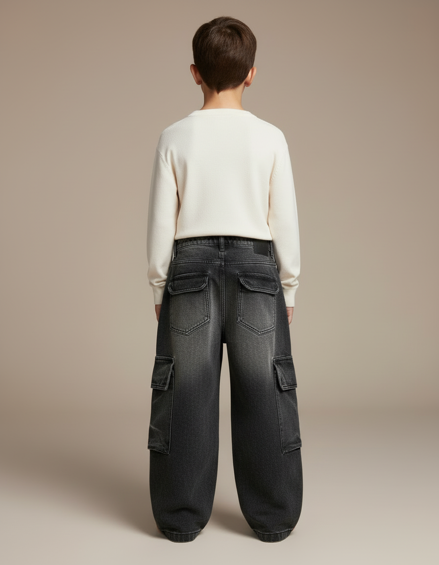 Pantalon Cargo Gris Ample Multipoches Denim Enfant - Jean - vue 2