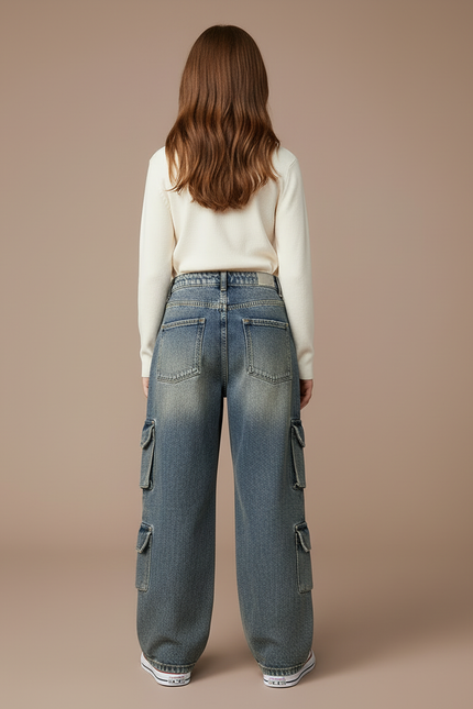 Pantalon Cargo Denim Ample Délavé Multipoches Fille - Bleu Jean - vue 2