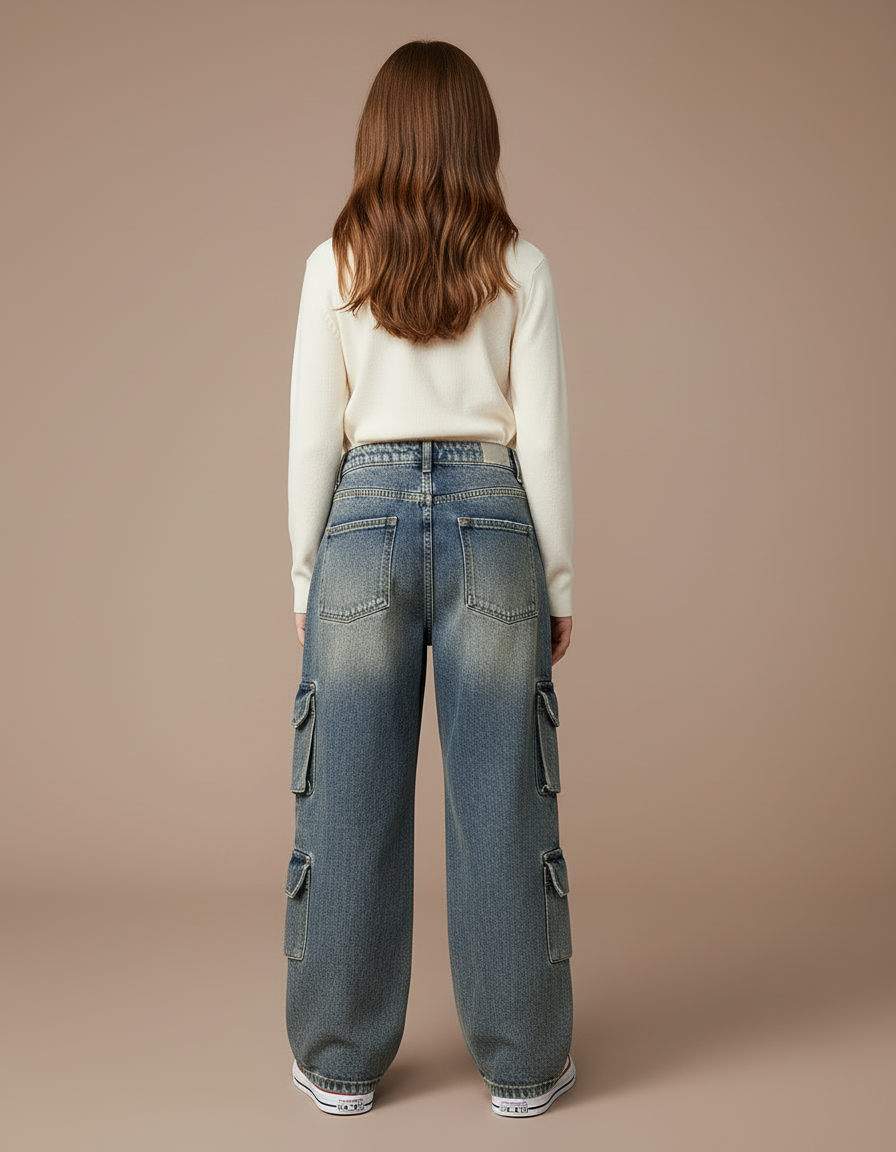 Pantalon Cargo Denim Ample Délavé Multipoches Fille - Bleu Jean - vue 2