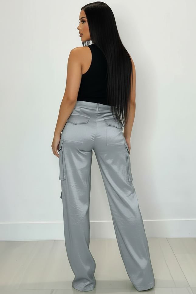 Pantalon Cargo Satiné Femme - Argenté - vue 2