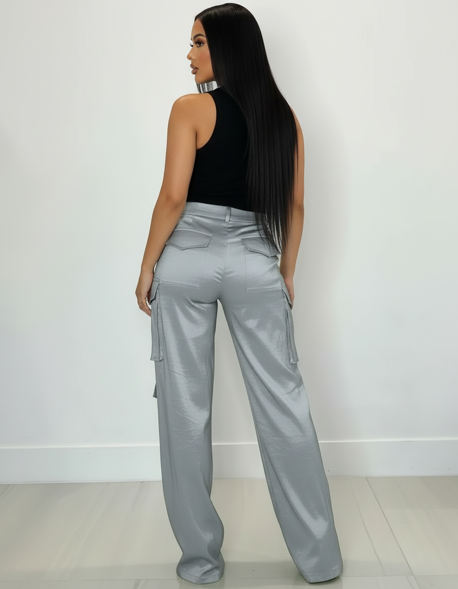 Pantalon Cargo Satiné Femme - Argenté - vue 2