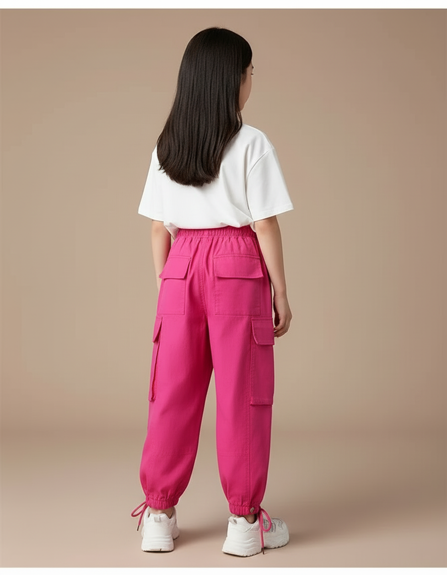 Pantalon Cargo Fuchsia Ample Fille Multipoches Décontracté - Rose Toile - vue 2
