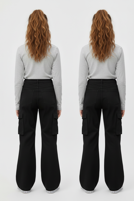 Pantalon Cargo Noir Fille Évasé Ample Taille Haute - Toile - vue 2