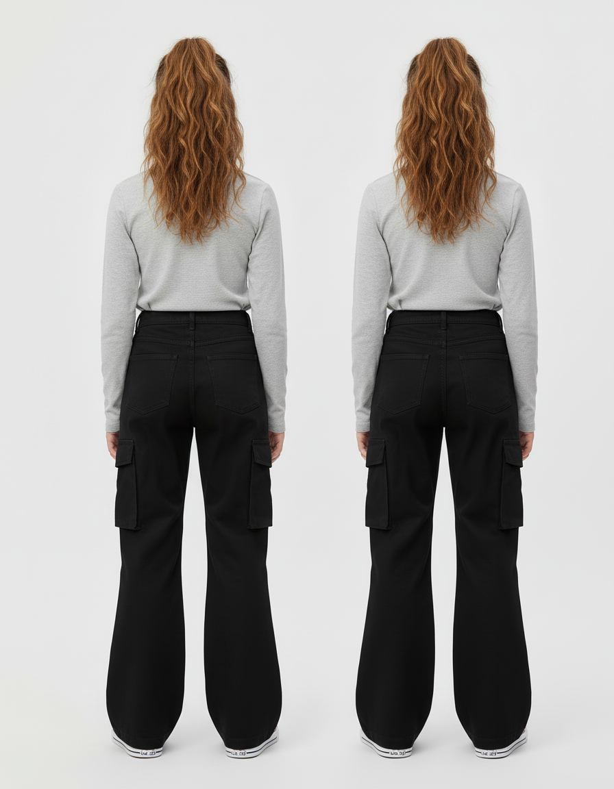 Pantalon Cargo Noir Fille Évasé Ample Taille Haute - Toile - vue 2