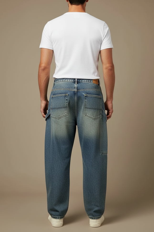 Pantalon Cargo Jean Bleu Ample Délavé Homme - vue 2