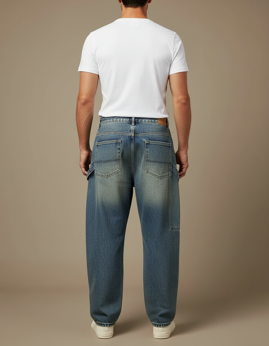 Pantalon Cargo Jean Bleu Ample Délavé Homme - vue 2