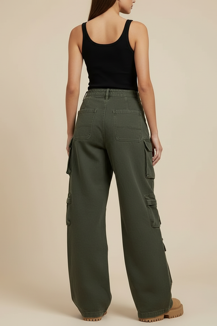 Pantalon Cargo Vert Ample Multipoches Taille Haute Femme - Kaki Toile - vue 2