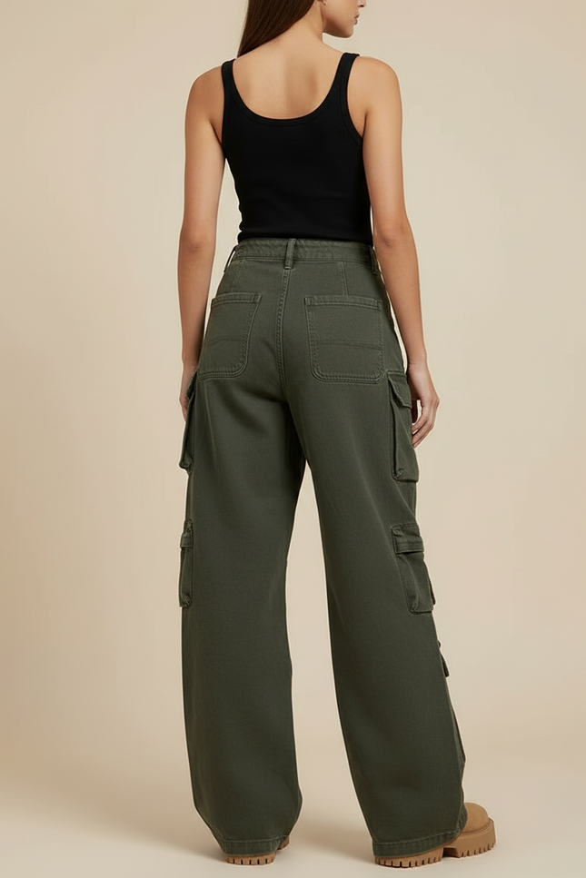 Pantalon Cargo Vert Ample Multipoches Taille Haute Femme - Kaki Toile - vue 2
