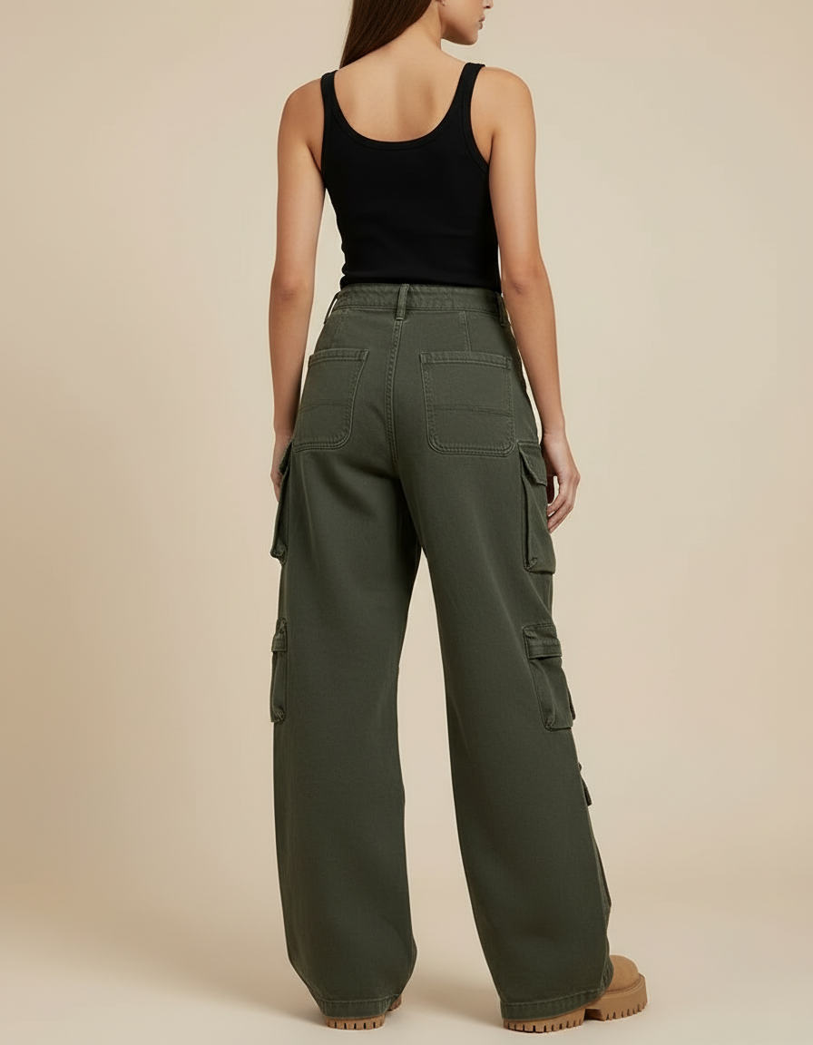 Pantalon Cargo Vert Ample Multipoches Taille Haute Femme - Kaki Toile - vue 2