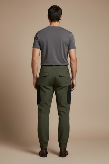 Pantalon Cargo Homme Vert Militaire Jogger Multipoches - Kaki Gabardine - vue 2
