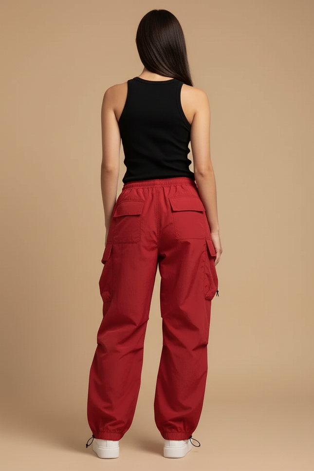 Pantalon Cargo Rouge Ample Fluide Taille Haute Femme - Polyester - vue 2