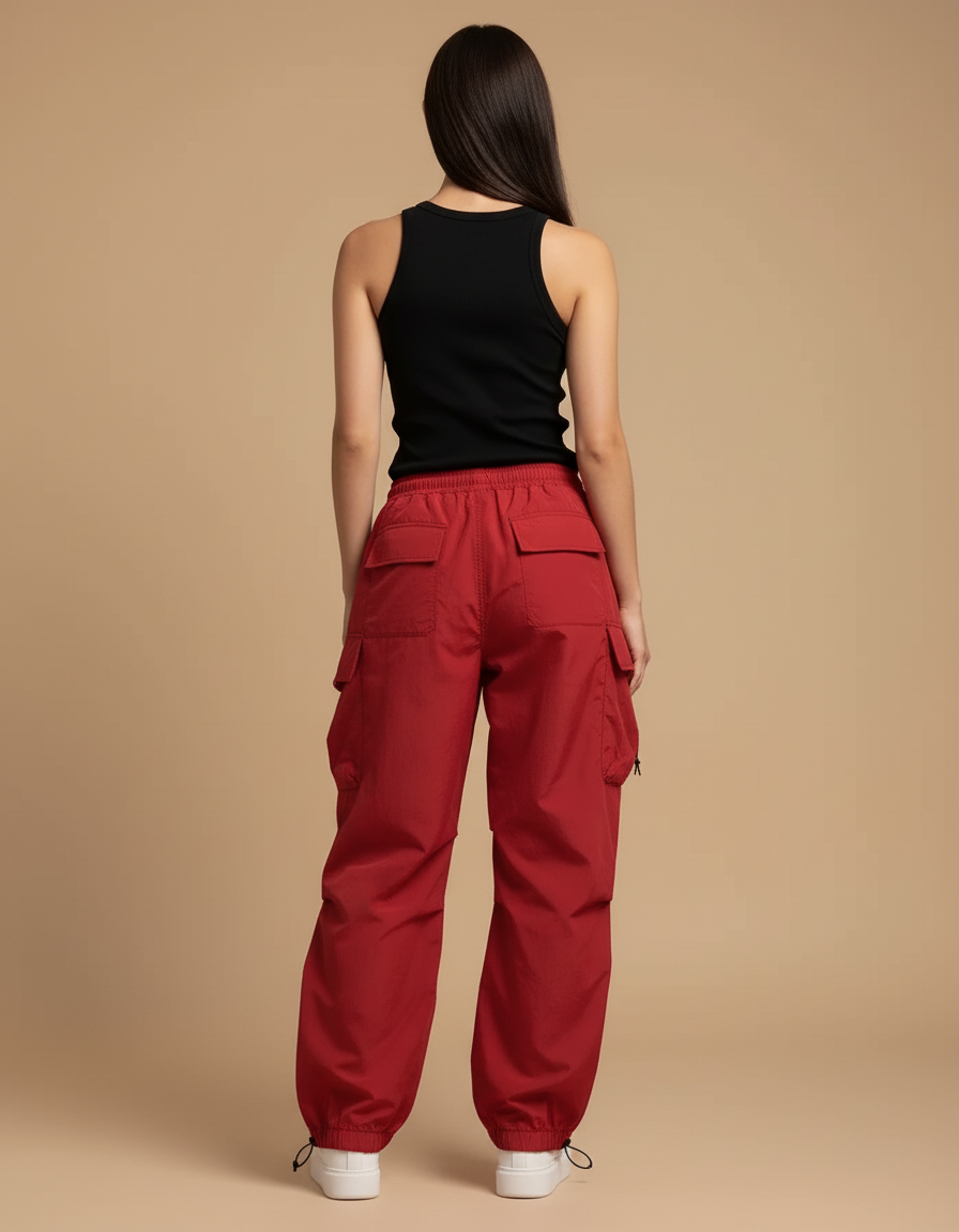 Pantalon Cargo Rouge Ample Fluide Taille Haute Femme - Polyester - vue 2