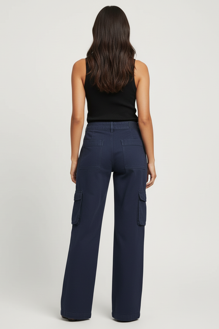 Pantalon Cargo Bleu Marine Ample Coton Femme - Toile - vue 2