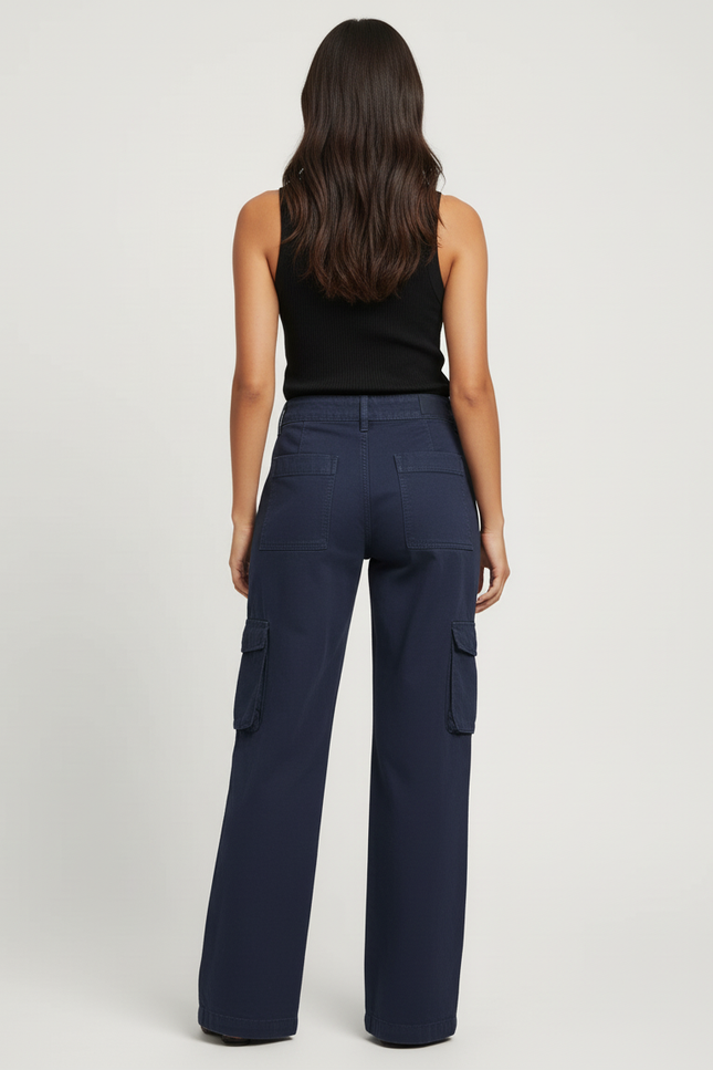 Pantalon Cargo Bleu Marine Ample Coton Femme - Toile - vue 2