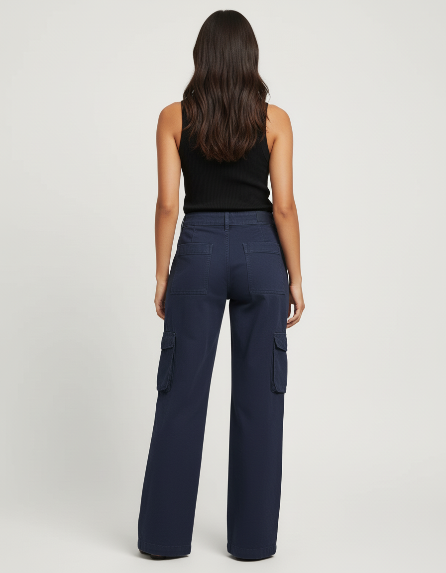 Pantalon Cargo Bleu Marine Ample Coton Femme - Toile - vue 2