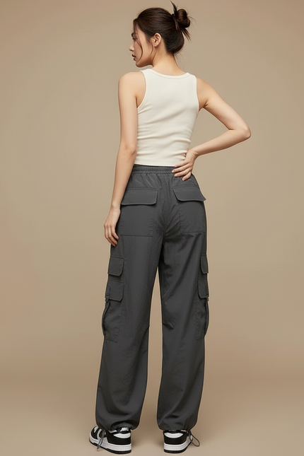 Pantalon Cargo Gris Ample Décontracté Streetwear Femme - Polyester - vue 2