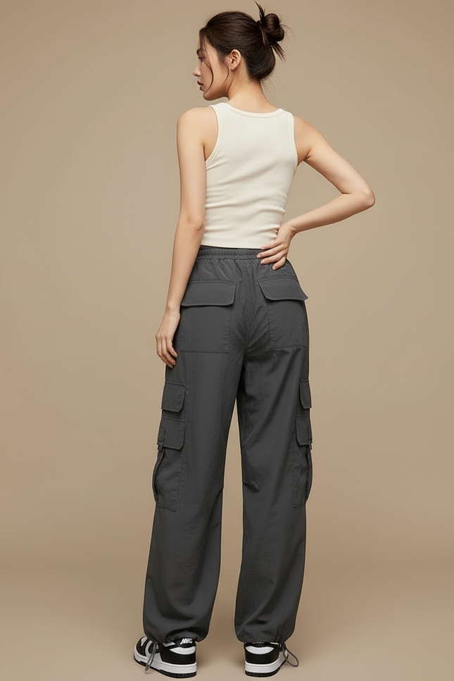 Pantalon Cargo Gris Ample Décontracté Streetwear Femme - Polyester - vue 2