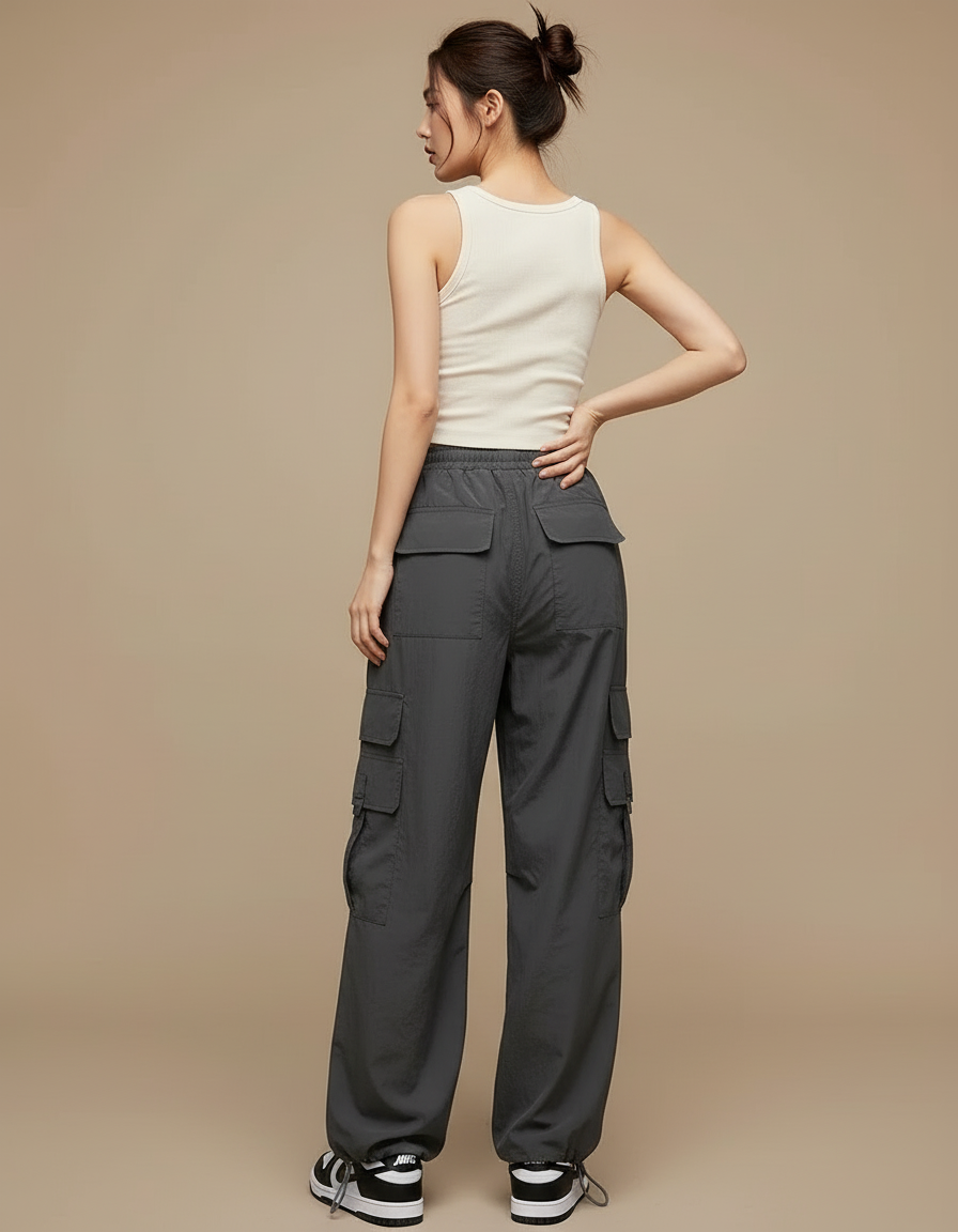 Pantalon Cargo Gris Ample Décontracté Streetwear Femme - Polyester - vue 2