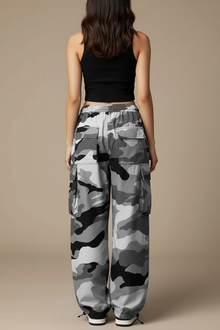 Pantalon Cargo Camouflage Gris Ample Femme Streetwear - Polyester - vue 2