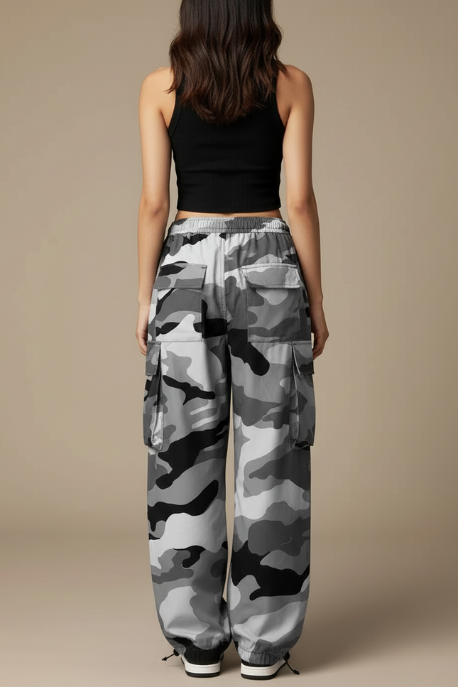 Pantalon Cargo Camouflage Gris Ample Femme Streetwear - Polyester - vue 2