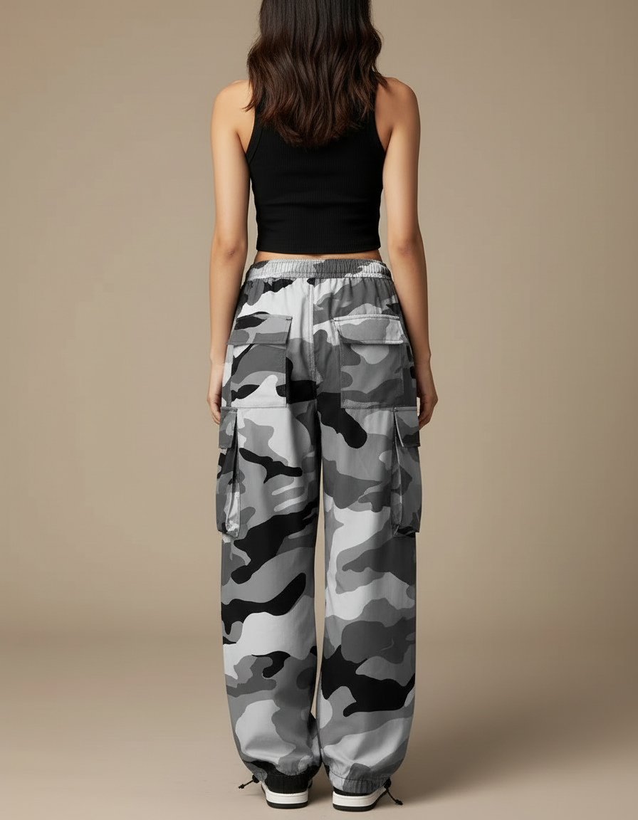 Pantalon Cargo Camouflage Gris Ample Femme Streetwear - Polyester - vue 2