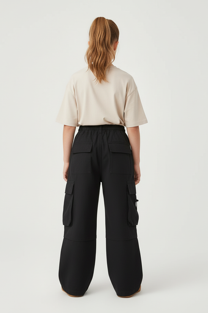 Pantalon Cargo Noir Ample Multipoches Décontracté Enfant - Gabardine - vue 2