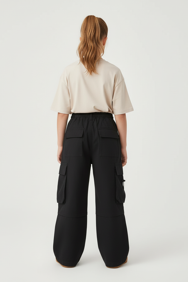 Pantalon Cargo Noir Ample Multipoches Décontracté Enfant - Gabardine - vue 2