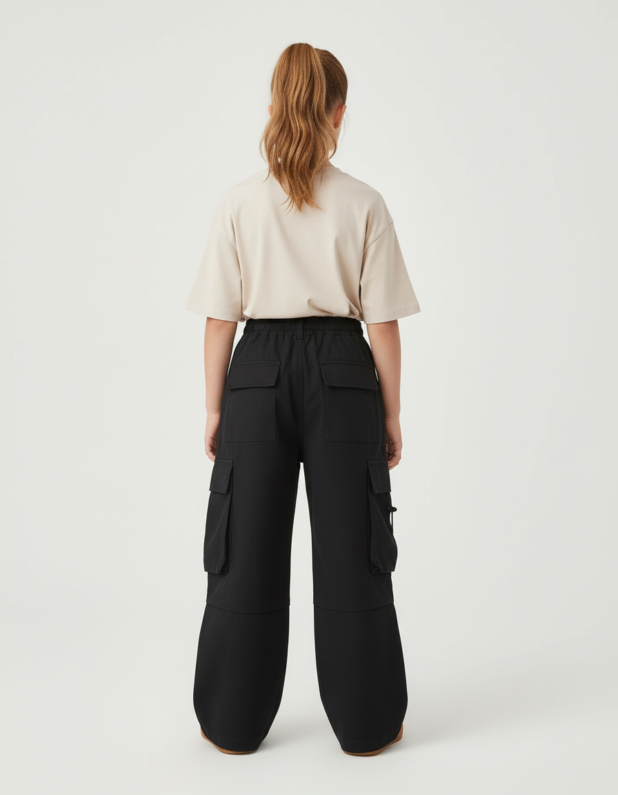 Pantalon Cargo Noir Ample Multipoches Décontracté Enfant - Gabardine - vue 2