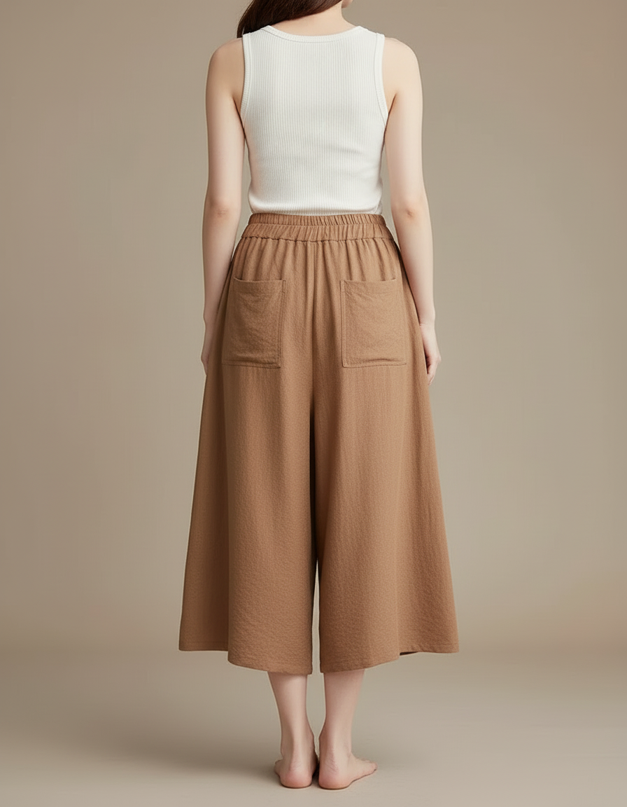 Pantalon Cargo Marron Lin Ample Femme Culotte - vue 2