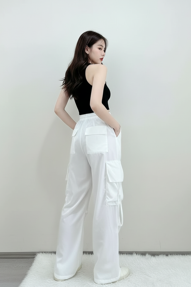Pantalon Cargo Blanc Ample Poches Fluides Femme - Polyester - vue 2