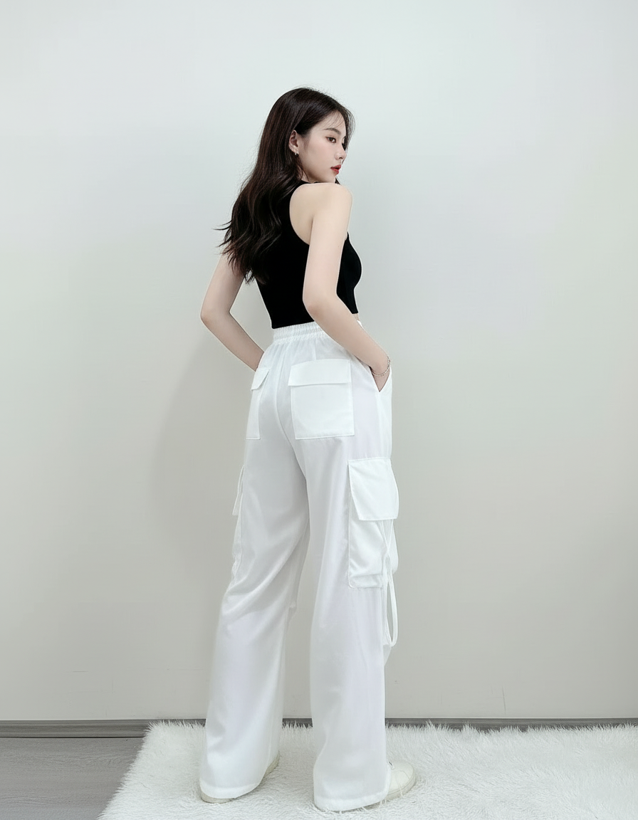 Pantalon Cargo Blanc Ample Poches Fluides Femme - Polyester - vue 2