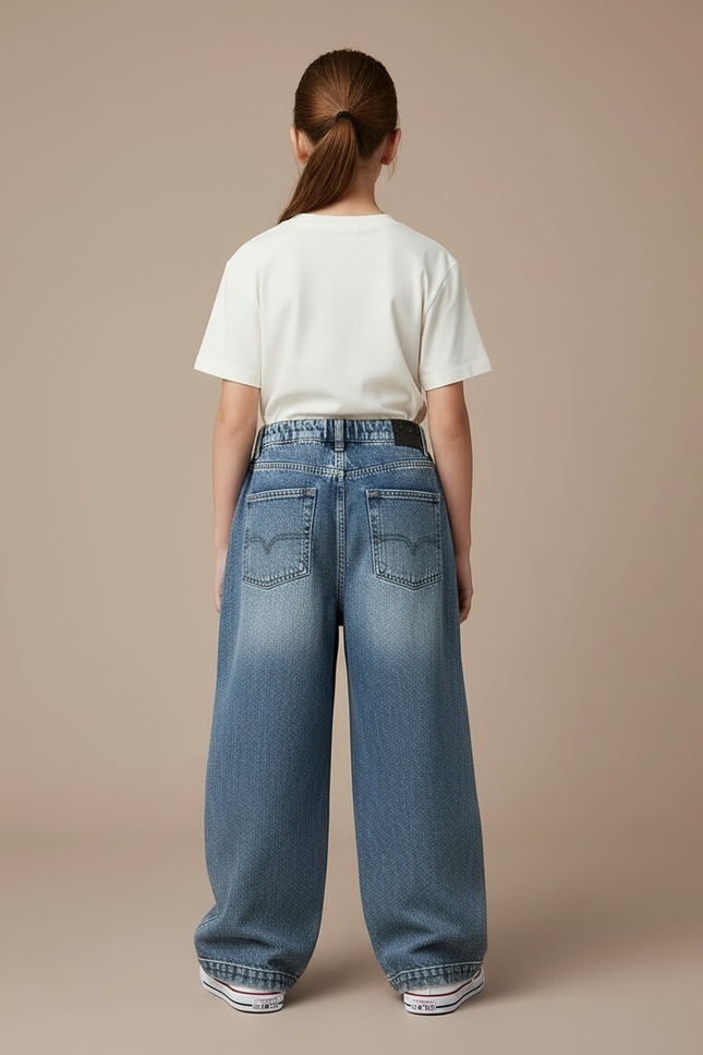 Pantalon Cargo Jean Ample Multipoches Délavé Enfant - Bleu - vue 2