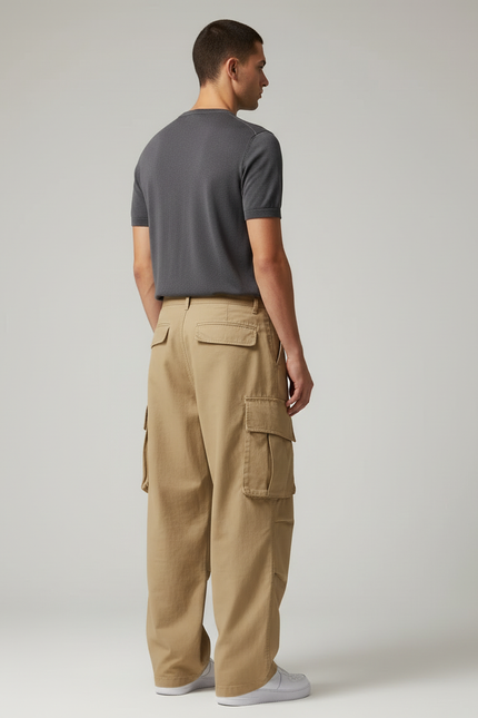 Pantalon Cargo Beige Ample Multipoches Coton Homme - Toile - vue 2