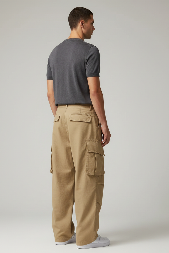 Pantalon Cargo Beige Ample Multipoches Coton Homme - Toile - vue 2