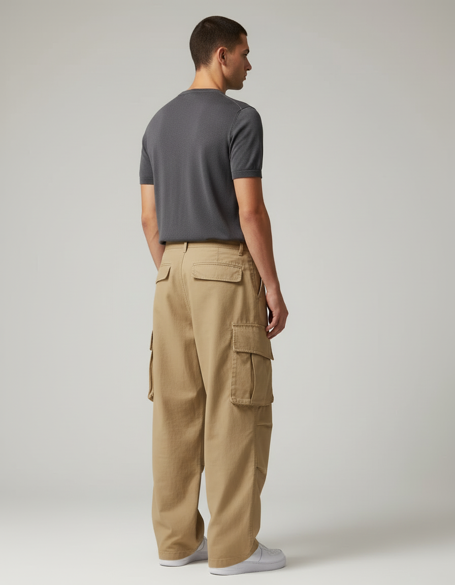 Pantalon Cargo Beige Ample Multipoches Coton Homme - Toile - vue 2