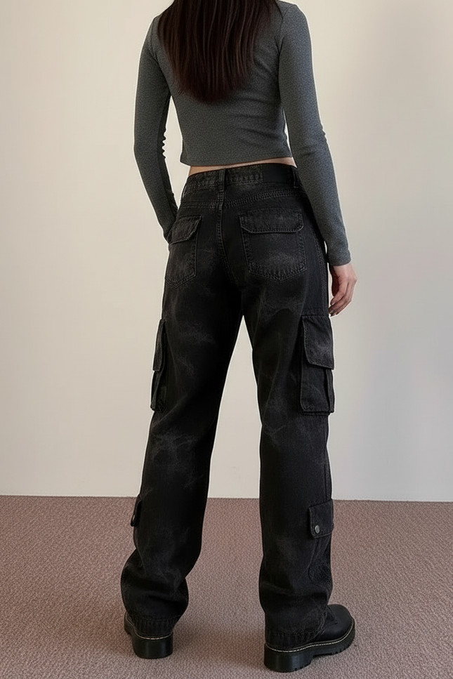 Pantalon Cargo Noir Délavé Ample Multipoches Streetwear Femme - Jean - vue 2