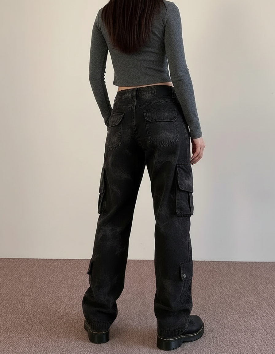 Pantalon Cargo Noir Délavé Ample Multipoches Streetwear Femme - Jean - vue 2