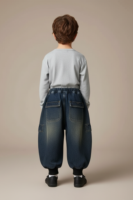 Pantalon Cargo Denim Ample Délavé Multipoches Enfant - Bleu Jean - vue 2