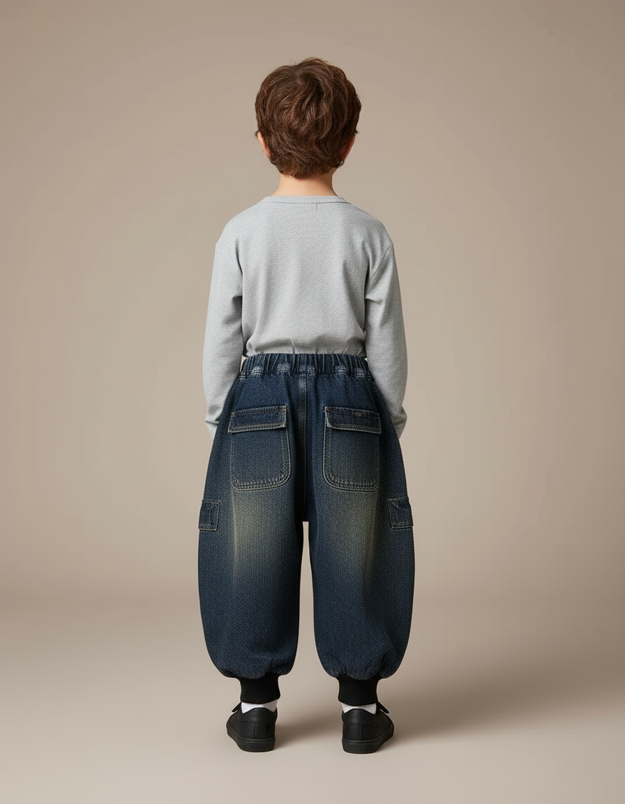 Pantalon Cargo Denim Ample Délavé Multipoches Enfant - Bleu Jean - vue 2