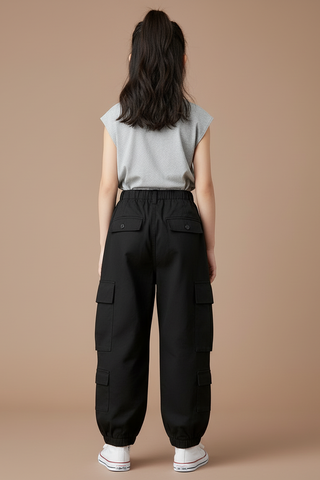 Pantalon Cargo Noir Ample Multipoches Fille Streetwear - Toile - vue 2