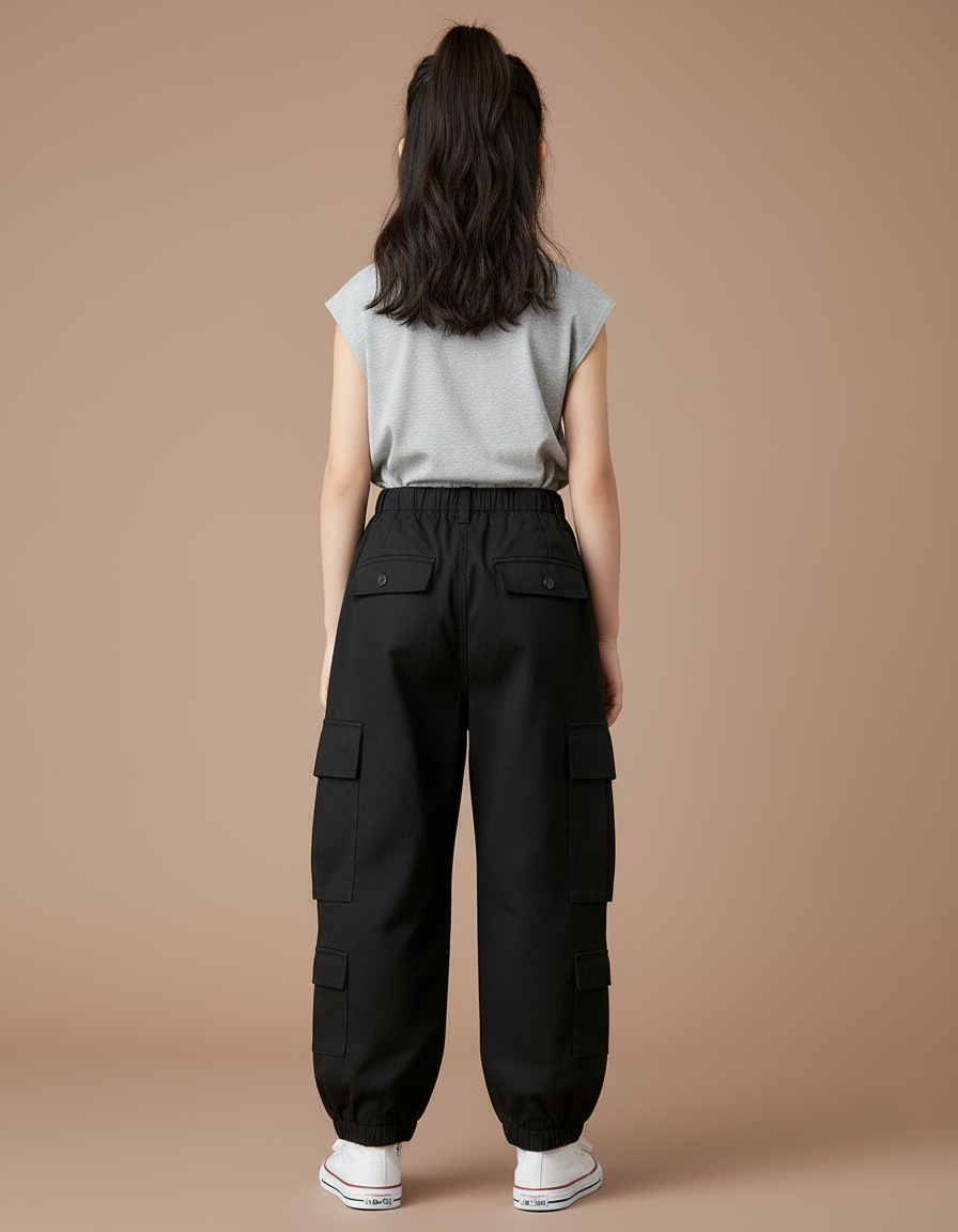 Pantalon Cargo Noir Ample Multipoches Fille Streetwear - Toile - vue 2