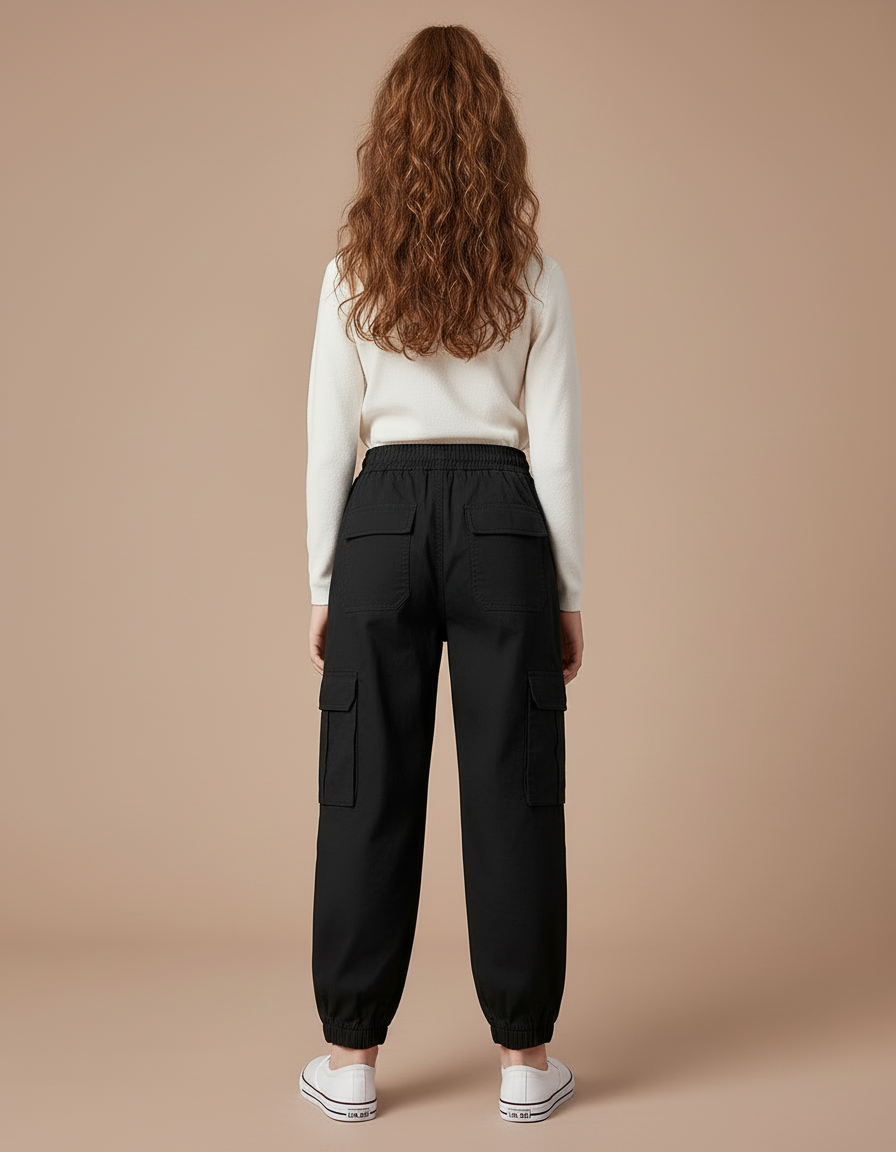 Pantalon Cargo Noir Ample Coton Fille Poches - vue 2