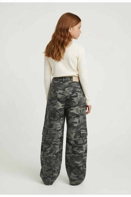 Pantalon Cargo Camouflage Gris Ample Fille - Jean - vue 2