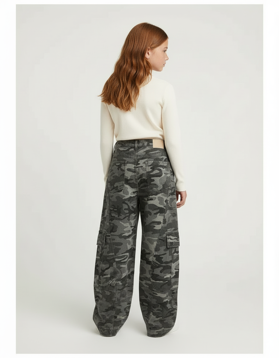 Pantalon Cargo Camouflage Gris Ample Fille - Jean - vue 2