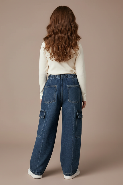 Pantalon Cargo Denim Ample Poches Latérales - Bleu Jean - vue 2